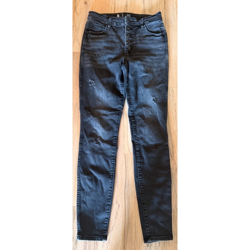 KUT From The Kloth Black Distressed Jeans Button Fly High Rise Ankle Skinny 6